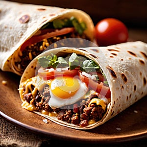 Breakfast burrito, mexican american breakfast food, convenient wrap photo