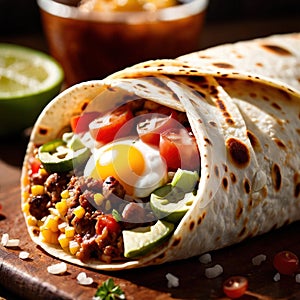 Breakfast burrito, mexican american breakfast food, convenient wrap photo