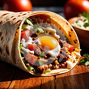 Breakfast burrito, mexican american breakfast food, convenient wrap photo