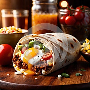 Breakfast burrito, mexican american breakfast food, convenient wrap photo