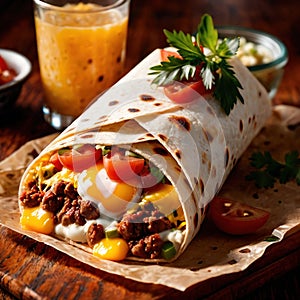 Breakfast burrito, mexican american breakfast food, convenient wrap photo