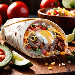 Breakfast burrito, mexican american breakfast food, convenient wrap photo