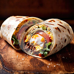 Breakfast burrito, mexican american breakfast food, convenient wrap photo