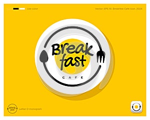 Breakfast cafe emblem. Identity. Text, fried egg, letters, spoon and fork into a circle. Identity. App button.