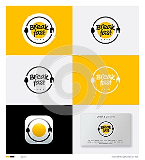 Breakfast cafe emblem. Identity. Text, fried egg, letters, spoon and fork into a circle. Identity. App button.