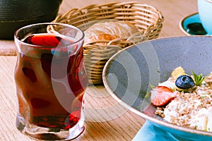 Breakfast in cafe, Hot Oatmeal Cereal with Berries photo