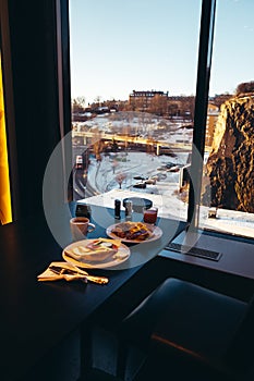 Breakfast on a car ferry on a winter morning in Stockholm Sweden