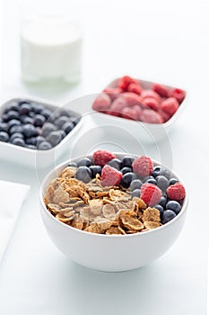 Breakfast cereal with blueberries and raspberries on white