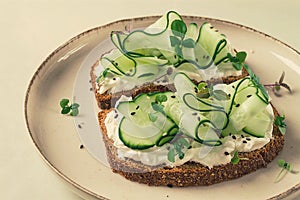 Breakfast, cereal bread sandwiches, cream cheese, sliced cucumber, with micro greenery on a light table, close-up, top