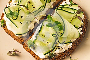 Breakfast, cereal bread sandwiches, cream cheese, sliced cucumber, with micro greenery on a light table, close-up, top