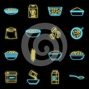 Breakfast cereal flakes icons set vector neon