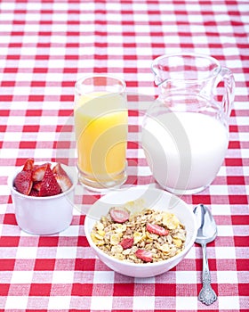 Breakfast of cereal, fruit, orange juice and milk