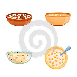 Breakfast cereal icons set cartoon vector. Cereal flakes with milk and fruit