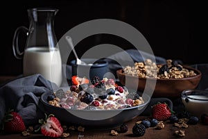 breakfast cereal with milk and berries. AI Generated