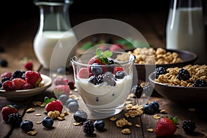 breakfast cereal with milk and berries. AI Generated