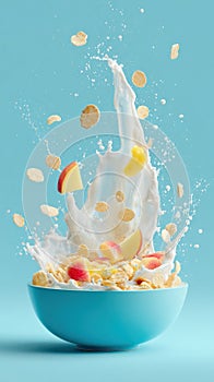 Breakfast cereal with milk and fruit splash