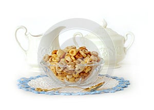Breakfast Cereal in a Vintage Glass Bowl Isolated on White