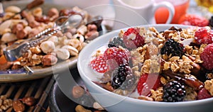 Breakfast of cereals with berries and dry fruits