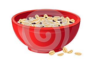 Breakfast with Cereals, Chocolate and Milk in Red Ceramic Bowl, Healthy Food Concept. Plate with White Liquid and Flakes