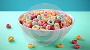 Breakfast cereals in various colors are presented in a dish on a blue table