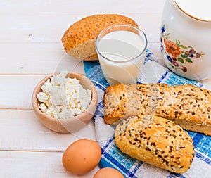 Breakfast of cheese, milk, bread and eggs