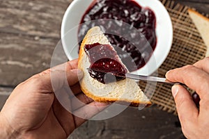 Breakfast of cherry jam on toast