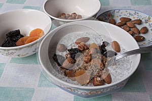 Breakfast chia seeds, flax ground, almonds, hazelnuts, dry plum, dry apricot and yogurt