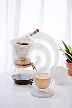 Breakfast with chocolate cake and coffee served on a beautiful living home