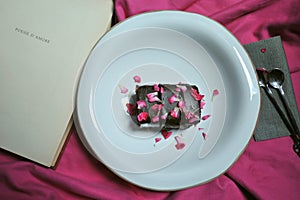Breakfast with chocolate cake and love poems photo