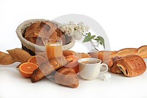 Breakfast, coffee , bread and fruits