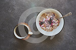 Breakfast with coffee and fruits