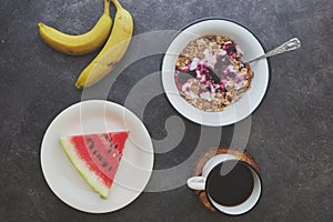 Breakfast with coffee and fruits