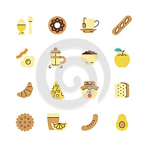 Breakfast color icon set. Vector collection symbol with egg, donut, apple, croissant, avocado, tea cup, toast, coffee