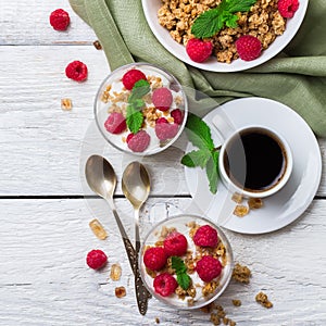 Breakfast concept. Coffee muesli granola berries homemade yogurt