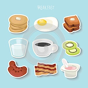 Breakfast concept with fresh food and drinks flat icons set vector illustration