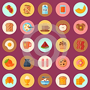 Breakfast concept seamless pattern vector illustration. Cartoon food icons of pastry, fruit, drinks. Egg, bacon, sausage