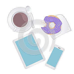 Breakfast concept top view. Set smartphone, tablet, coffee and donut