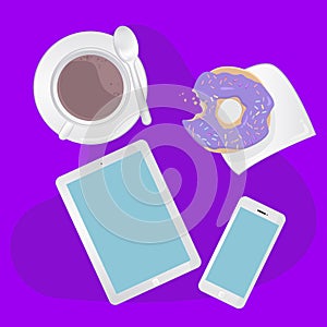 Breakfast concept top view. Set smartphone, tablet, coffee and donut