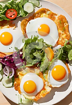 Breakfast containing fried eggs, salat, pancakes, and coffee. Image generated by AI.