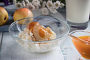 Breakfast of cottage cheese, pear