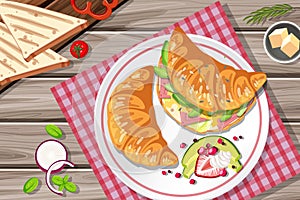 Breakfast croissant sandwich with vegetable and egg on the table