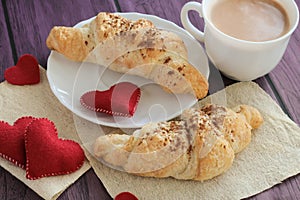 Breakfast with croissants for Valentines Day