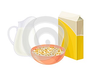 Breakfast Crunchy Cereal Poured in Bowl with Milk Vector Illustration