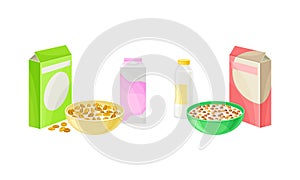 Breakfast Crunchy Cereal Poured in Bowl with Milk or Yogurt in Bottle Vector Set photo