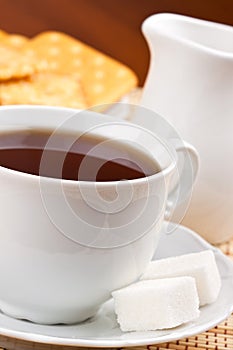 Breakfast with cup of tea and crackers