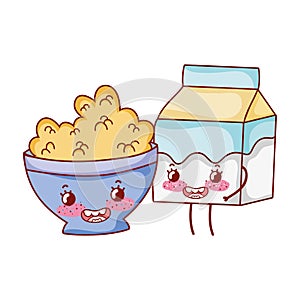Breakfast cute bowl with cereal and milk box cartoon
