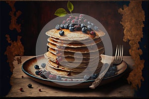 Breakfast of delicious fresh pancakes and berries on rustic wooden background