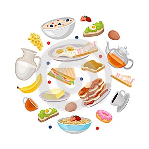 Breakfast dishes of circular shape. Sandwich, fried eggs, bacon, pancakes, coffee and tea cups cartoon vector