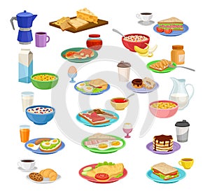 Breakfast dishes set. Sandwich, fried eggs, bacon, pancakes, coffee and tea cups cartoon vector