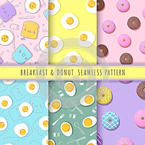 Breakfast and donuts pattern seamless collection. Set of 6 kawaii fried egg, bread and donuts background vector.